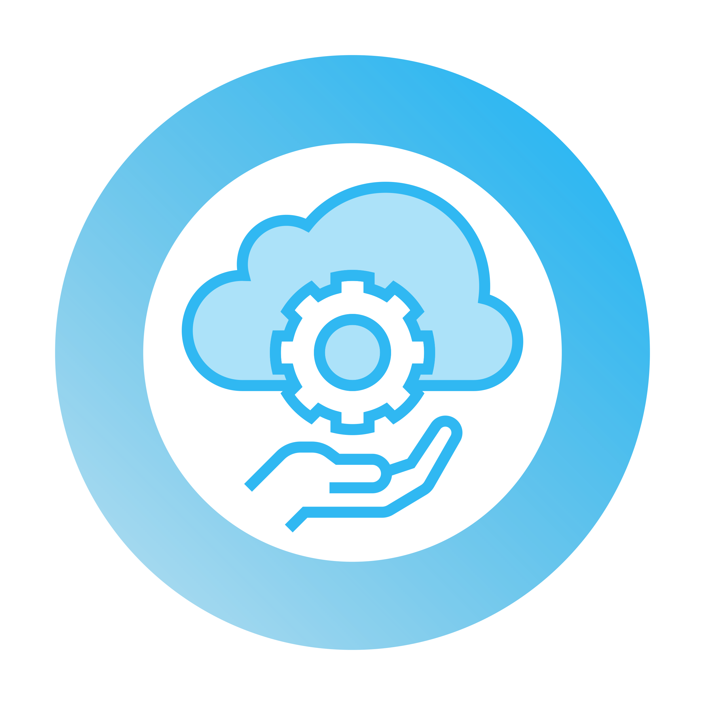 Cloud icon—surrounded by a circle, a cloud with a gear on it is held by an open hand, support.